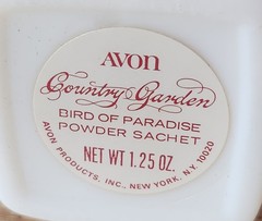 Vintage Country Garden Powder Sachet by Avon. Milk Glass Empty. Bird of Paradise