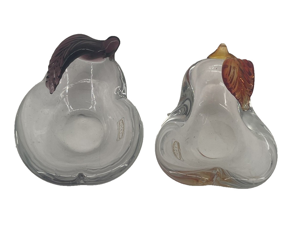Pair Arte Murano ICET Hand Blown Art Glass Pear Shaped Bowls Dishes Purple Amber