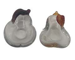 Pair Arte Murano ICET Hand Blown Art Glass Pear Shaped Bowls Dishes Purple Amber