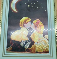 Vintage 1990s Boy Kissing Girl Under Moon & Stars Iridescent Shiny Wall Art B2