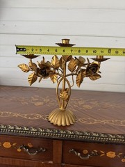 LARGE MID-CENTURY ITALIAN FLORENTINE TOLE GILT ROSES CANDELABRA 12”