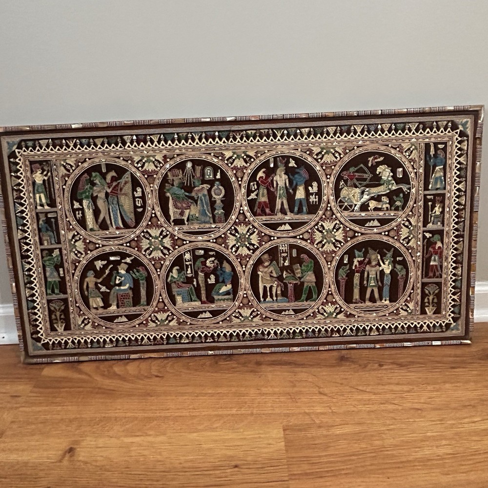 Vintage Egyptian Inlaid Mosaic Panel – Mythological Scenes Wall Art Decor