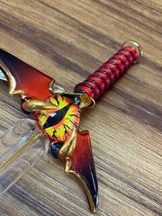 Small Glass Sword Eye of The Dragon Figurine Crystal & 22Kt Gold Goth Devil Wing