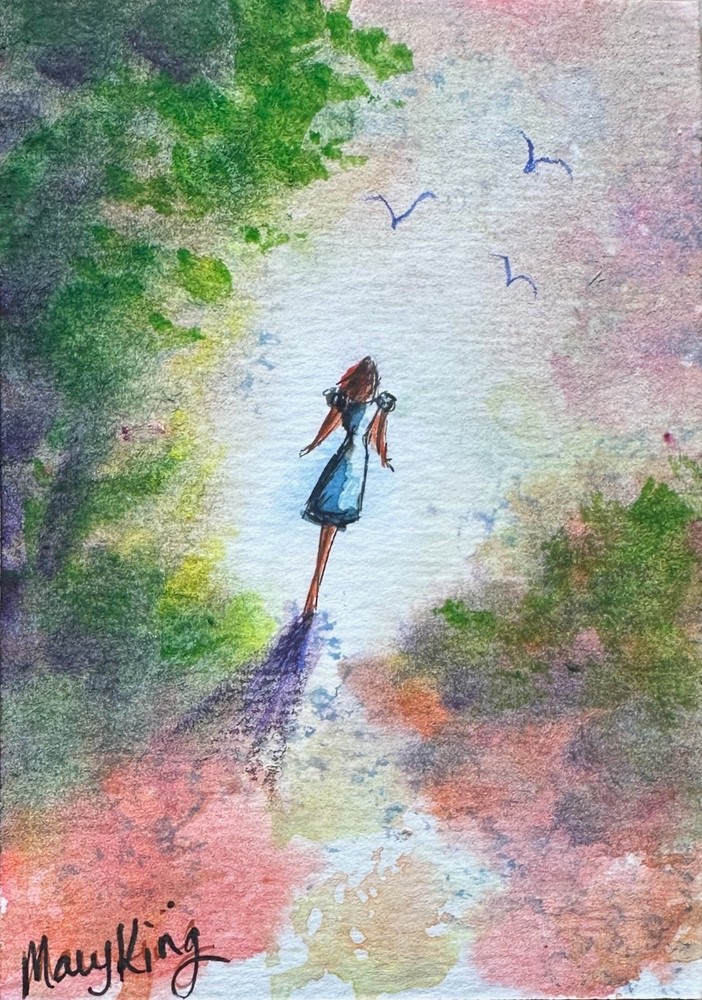 Watercolor ACEO 2.5″ x 3.5″ Original Painting by Mary King – Spring Walk