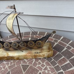 John DeMott Brass Sailboat On Onyx Viking Ship Sculpture Vintage Rare Type 13”