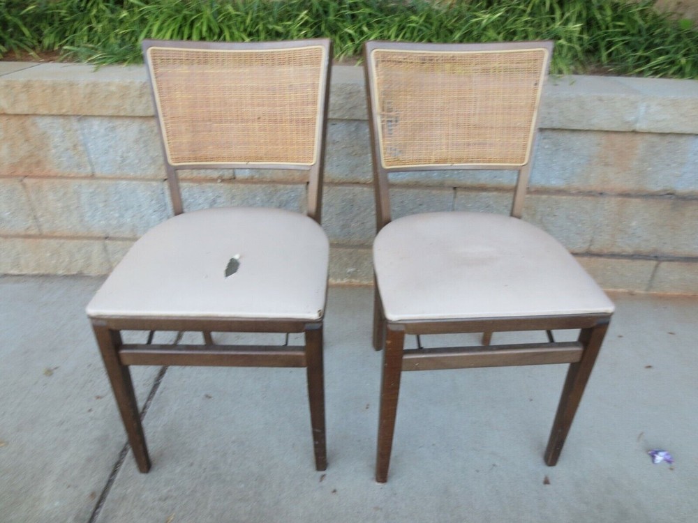 Vintage Stakmore Wooden Folding Chair Cane Back Vinyl Padded Seat