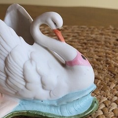 Vintage Art Nouveau Bisque Porcelain Woman with 2 Swans Planter Figurine / Read