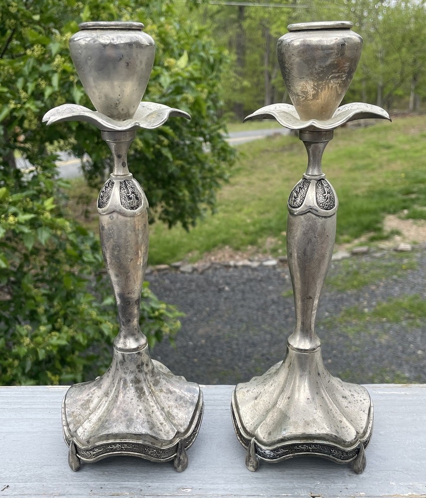 Pair of Antique – Vintage Art Nouveau Silver Tone Candlestick Holders Victorian