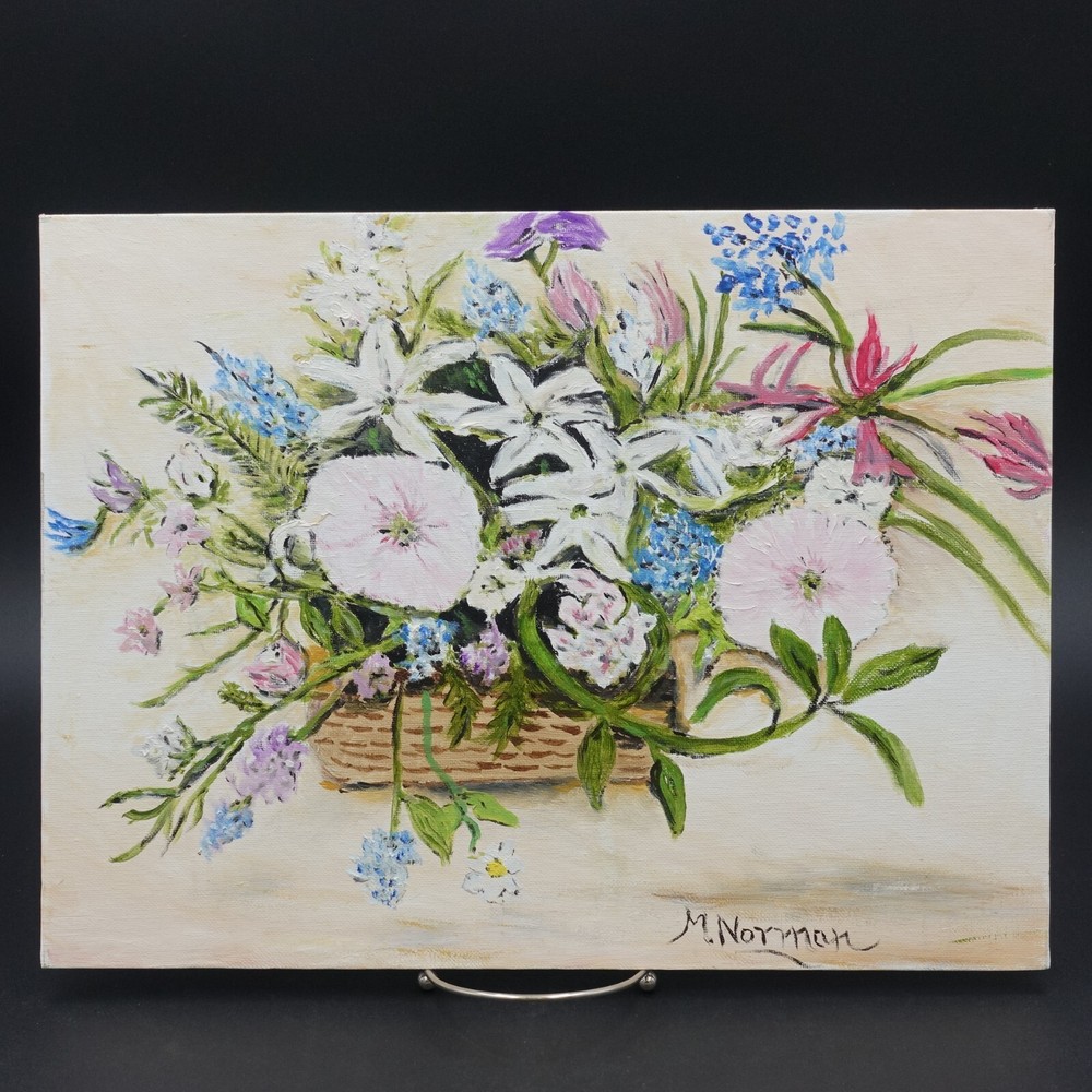 Bluebonnets Amateur Still Life Floral Oil Painting Unframed Signed M Norman 2018