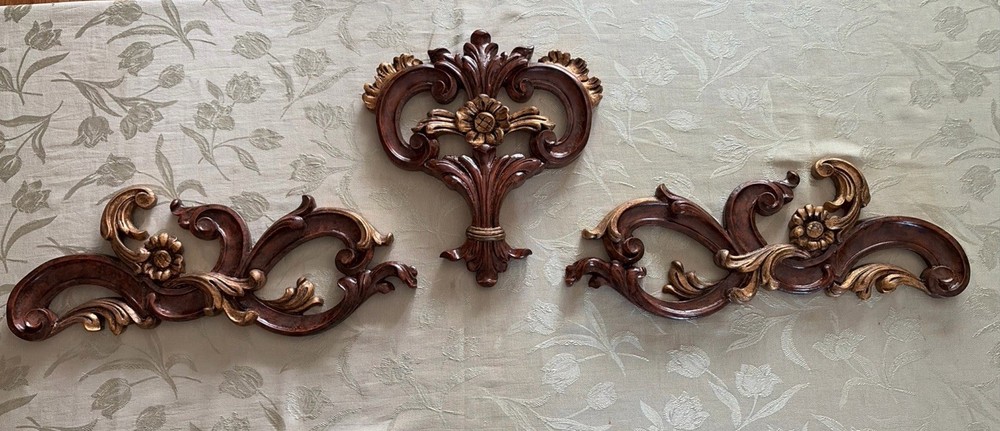 Vintage Set 3 Wall Appliques Plaques Rococo Scroll Hollywood Regency Brown Gold