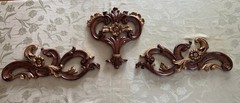 Vintage Set 3 Wall Appliques Plaques Rococo Scroll Hollywood Regency Brown Gold