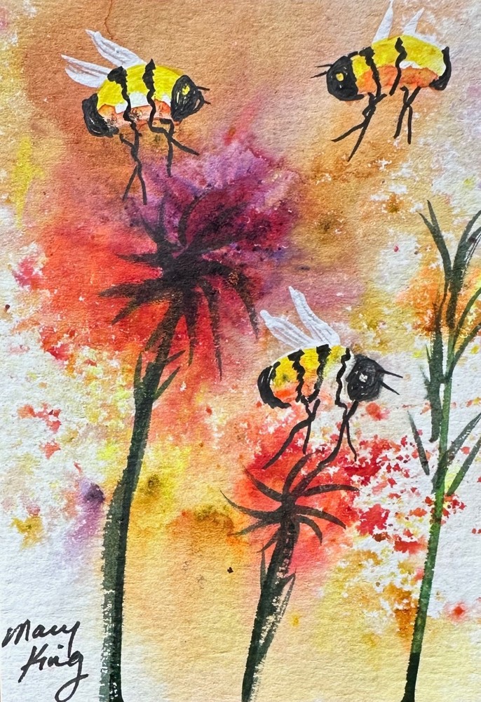 Watercolor ACEO 2.5″ x 3.5″ Original Painting by Mary King – Bees and Flowers