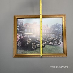 VTG Old Cars and House Wall Hanging Photo Picture, Gold Toned Frame 15.5″ x 12″
