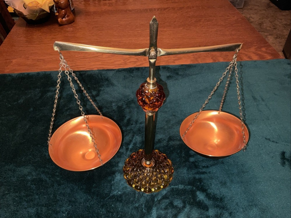 VINTAGE AMBER GLASS COPPER & BRASS ” SCALES OF JUSTICE” MID CENTURY RETRO
