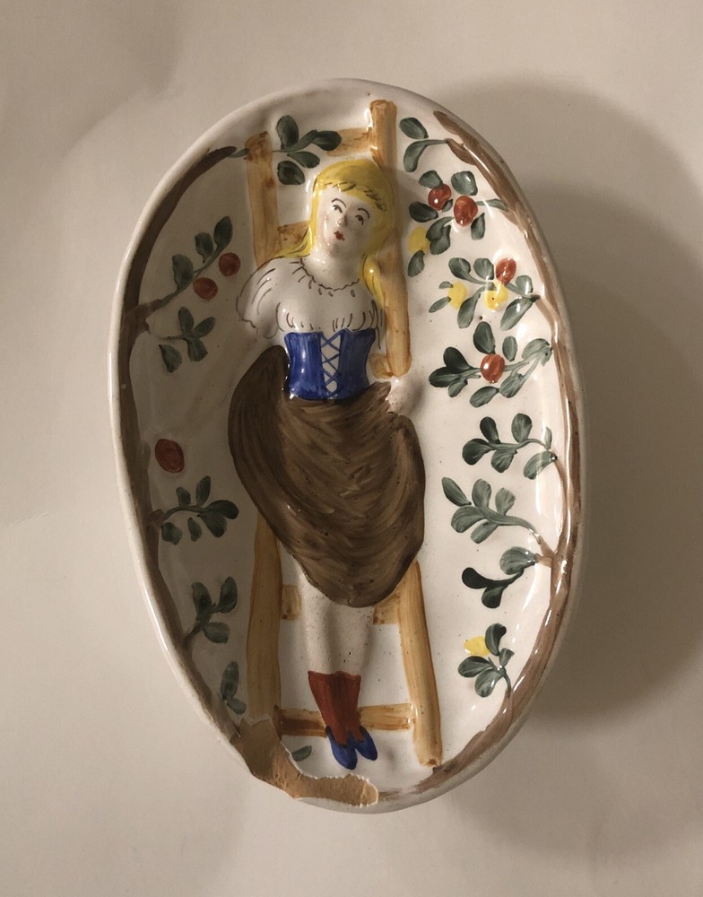 Vintage RISQUÉ LADY Behind Ceramic Dish Double Sided 6.25”x4”