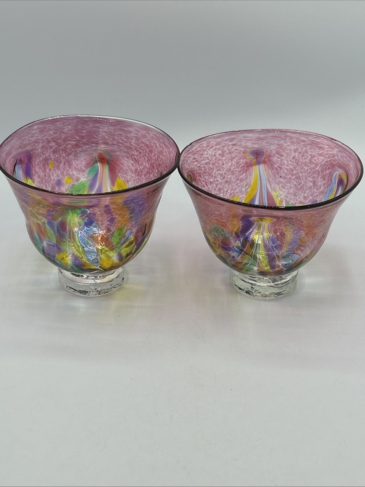 2 Vtg Kitras Art Glass Hand Blown Bowl with Pedestal Decor Multi Colour Signed