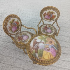 Vintage Limoges France Miniature Bistro Table And Chairs Set of 3 Dolls House