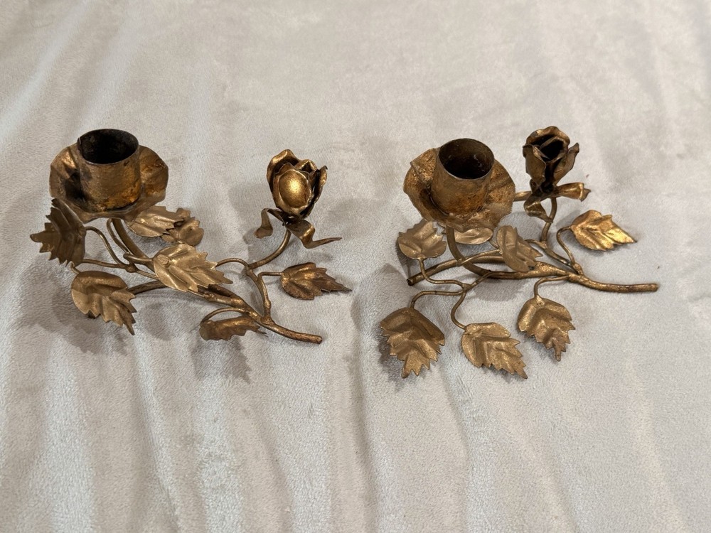 Vintage Italian Guilt Tole Candle Holder Featuring Rosebud, Leafs And Vine