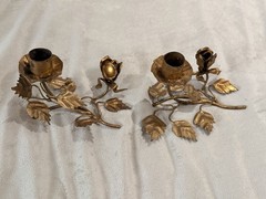 Vintage Italian Guilt Tole Candle Holder Featuring Rosebud, Leafs And Vine