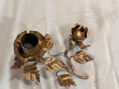Vintage Italian Guilt Tole Candle Holder Featuring Rosebud, Leafs And Vine