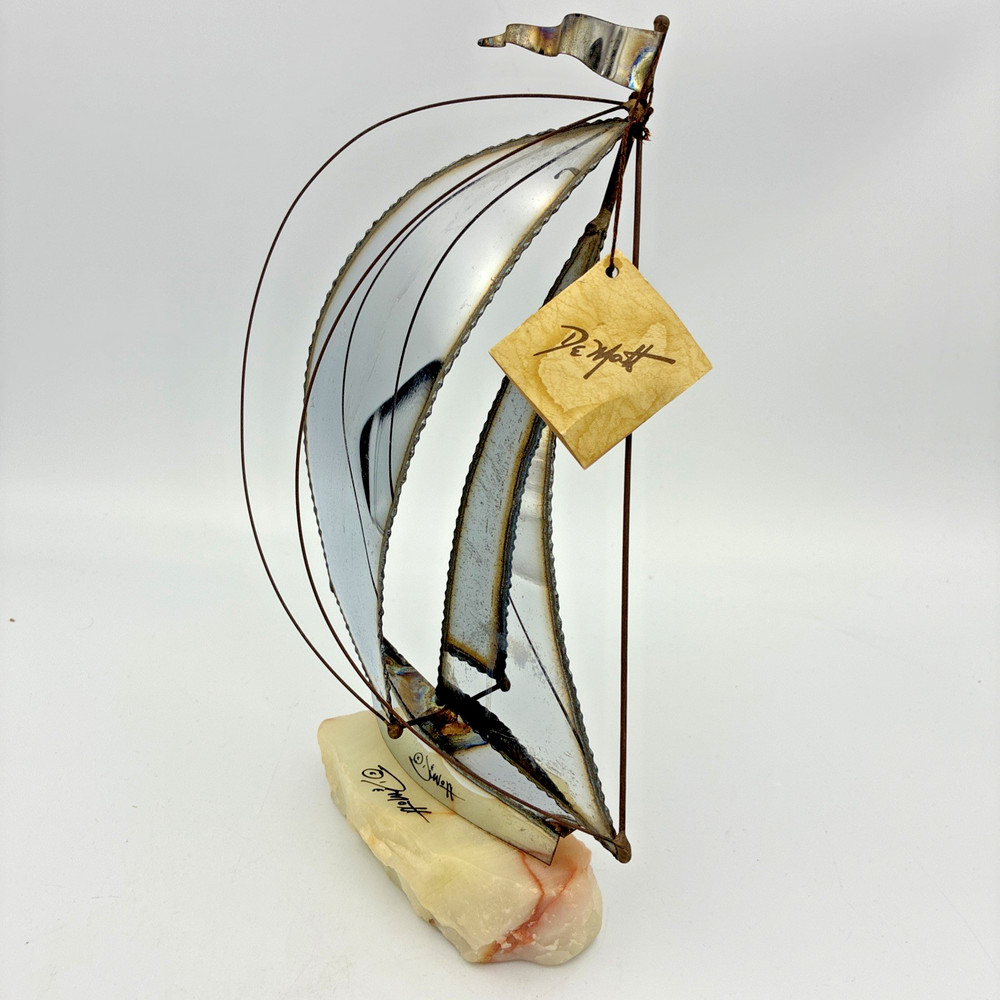 Vintage John DeMott Sailboat Sculpture Onyx Brass Copper MCM California Art