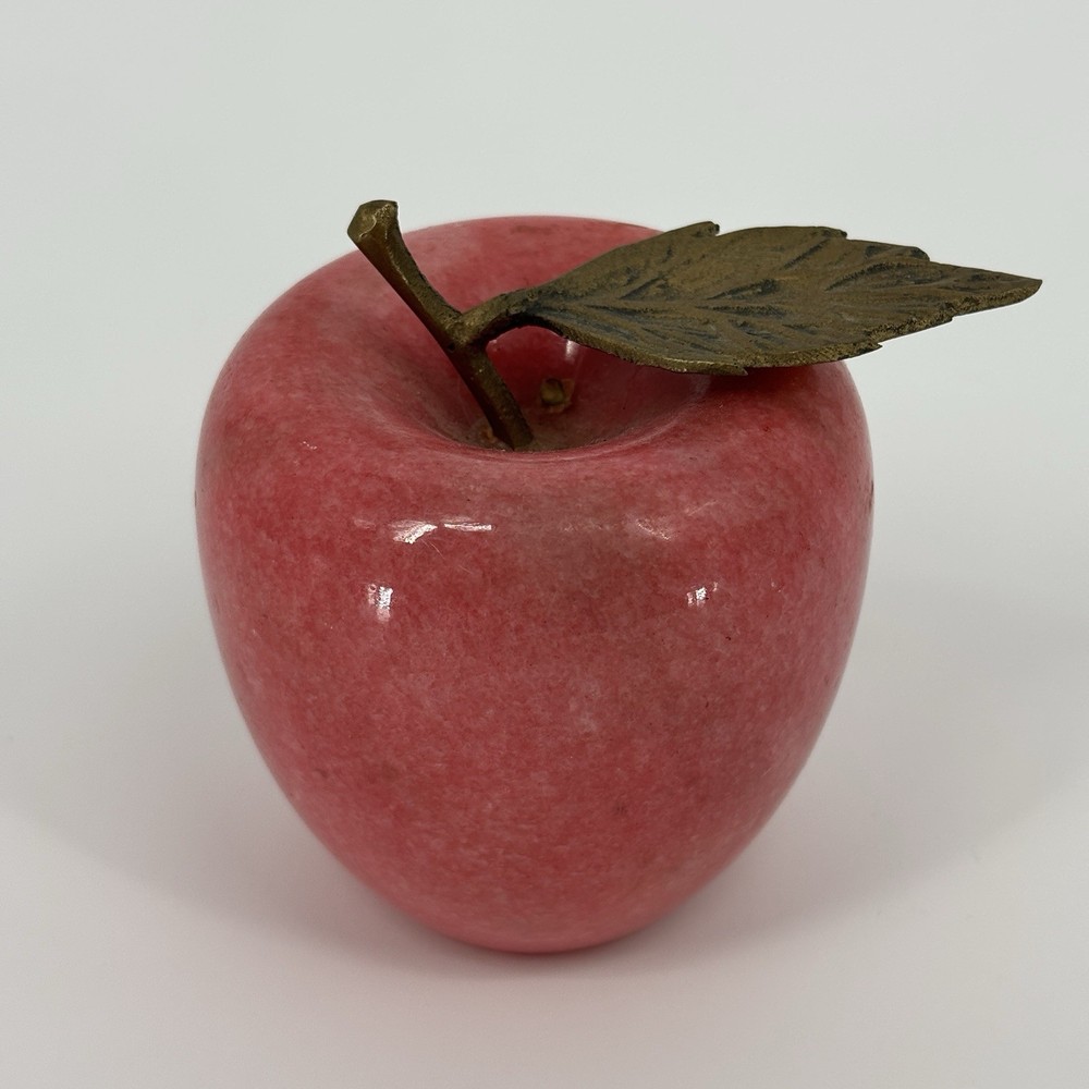 Vintage Alabaster Marble Fruit Red Apple with Brass Stem & Leaf