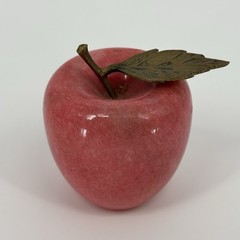 Vintage Alabaster Marble Fruit Red Apple with Brass Stem & Leaf