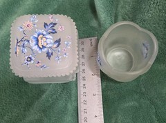 Vtge Westmoreland Glass Footed Frosted China Rose Trinket Dish + Candle Holder