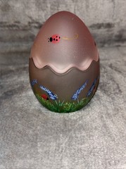 Vintage Unbranded Hand Painted Pink Frosted Glass Egg Flower Ladybug Easter