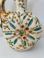 Vtg Ceramic Hand Painted Pitcher Gilded Gold Aqua White Molded 3D Design 8.75″