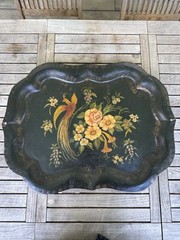 Antique 19th Century Tole Tray Hand Painted Bird Flowers 29”x 21” ESTATE FIND