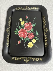 Vintage Black Metal Serving Trays Set of 6 Hand Painted Floral Rose Toleware Art