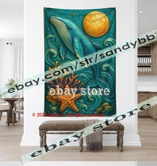 Whale Moon Ocean Relief Tapestry 3D look Wall Art coastal decor 39X59 in