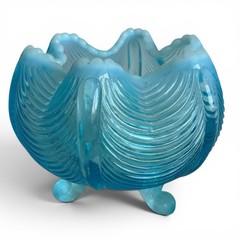 Vintage Fenton Blue Drape Opalescent Footed Rose Bowl Vase