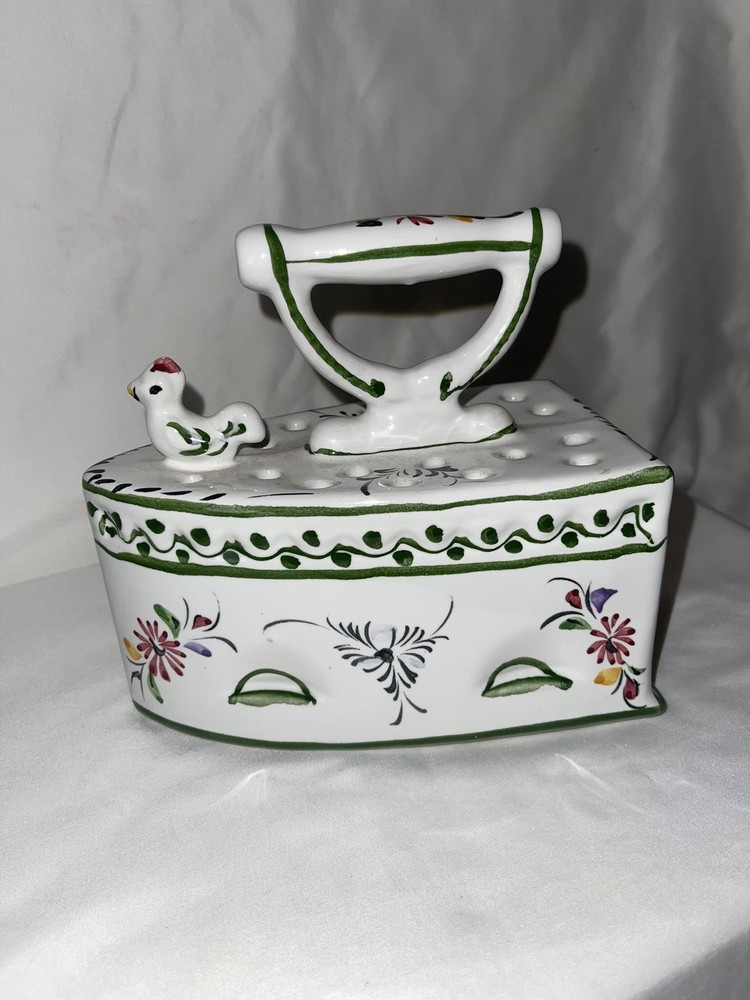 Vintage Hand Painted Portugal Ceramic Iron w/ Chicken Farmhouse Deco Figurine