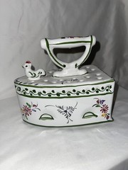 Vintage Hand Painted Portugal Ceramic Iron w/ Chicken Farmhouse Deco Figurine
