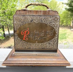 Antique 19th C. Victorian Desk Paper Organizer Brass Wood Enamel Art Nouveau