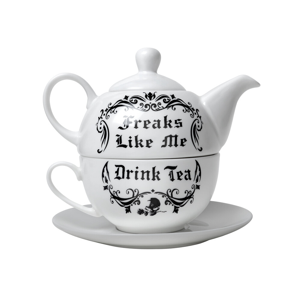Freaks Like Me Drink Tea For One Set White Teapot Alchemy Gothic