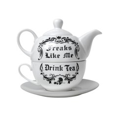 Freaks Like Me Drink Tea For One Set White Teapot Alchemy Gothic