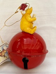Vintage Disney Classic Santa Pooh Sitting on Large Jingle Bell Ornament 5.5″ EUC