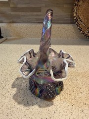 Vintage 1990’s Fenton Glass Basket 7” Tall Purple Iridescent Ruffled White Edge