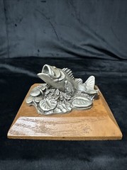 Pewter Open Mouth Bass & Lily Pad On Wooden Base