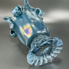 1980s Art Glass Abstract Vase Bowl Centerpiece Teal Blue Iridescent Finish Glass