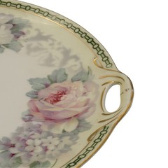Antique German (K&L) Porcelain Handled Serving Platter Pink Roses Gold c.1910