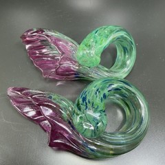 1995 Hand Blown Art Glass Amethyst Purple Flowers Set With Green Stems Signed