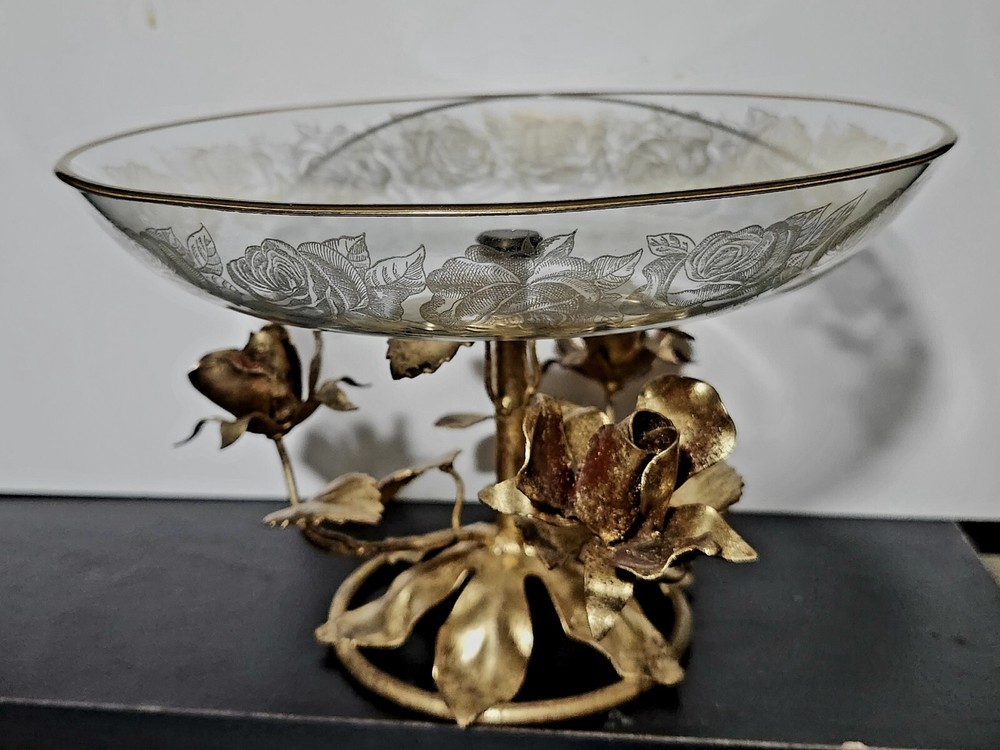 VINTAGE MID CENTURY ITALIAN 24K GOLD COLORED GILT TOLE ROSE PEDESTAL CANDY BOWL