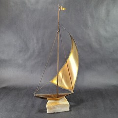 Vintage Brass Sailboat Sculpture 15 Inches Onyx Base Signed By Artist