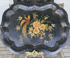 Antique 19th Century Tole Tray Hand Painted Bird Flowers 29”x 21” ESTATE FIND