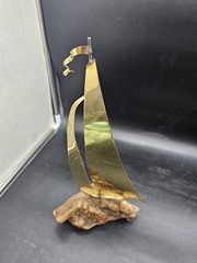 Demott Brass Sailboat Signed Driftwood Base Metal Art Pennant 60s Vtg