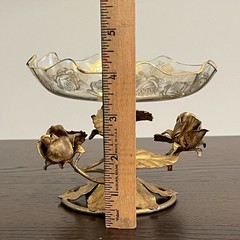 VTG Italy Gold Gilt Tole Metal Leaves/Roses Glass Candy Dish-Compote-Hollywood!